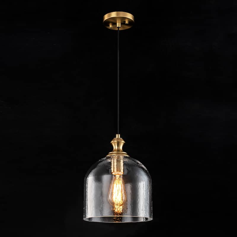 1-Light Modern Industrial Dome Pendant Light with Bell Shape Clear Hammered Glass and Adjustable Hanging Height