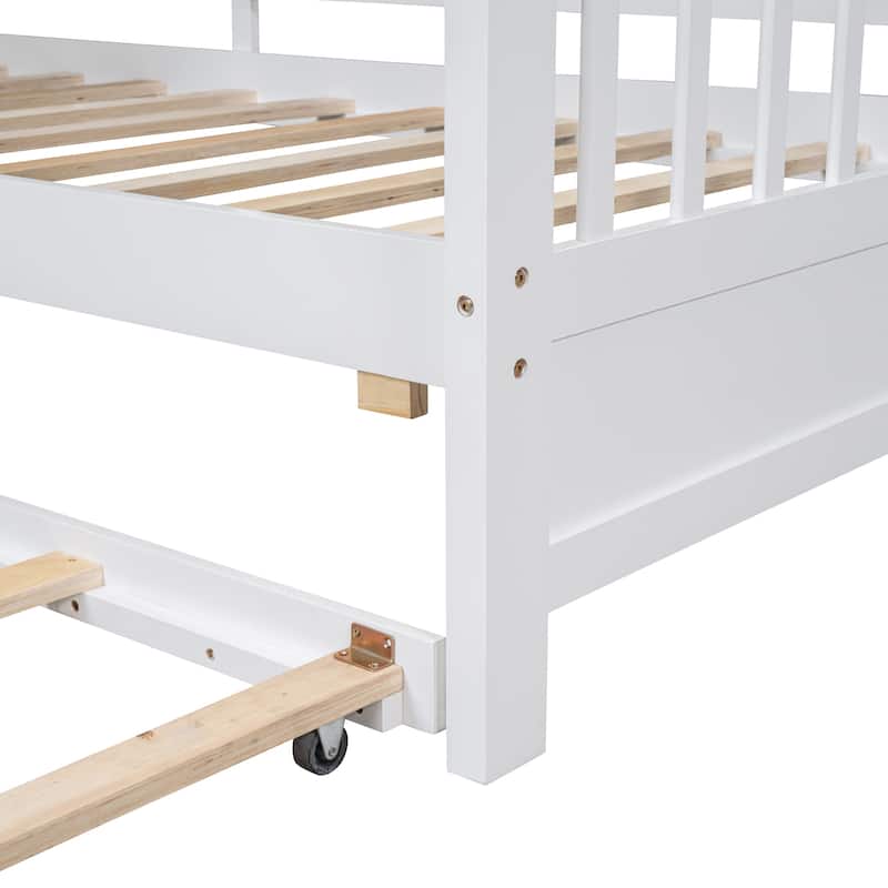 Wooden Twin Size House Bed with Trundle and Storage Shelves for Kids