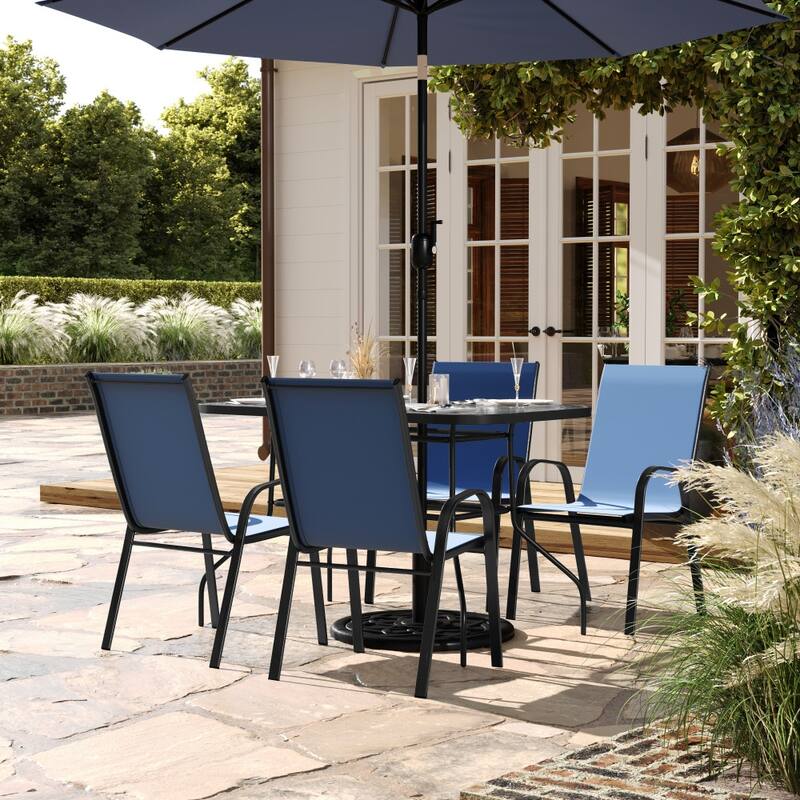 Commercial 5 Pc Outdoor Patio Dining Set with Glass Table and 4 Chairs - Navy
