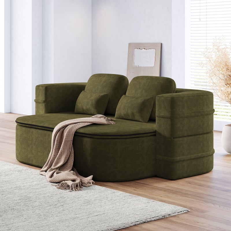 75''2-in-1 Foldable Sofa,Convertible Sleeper Foam Chenille Floor folding Sofa Bed with Multi Functional Blanket,Lounge Sofa - Green