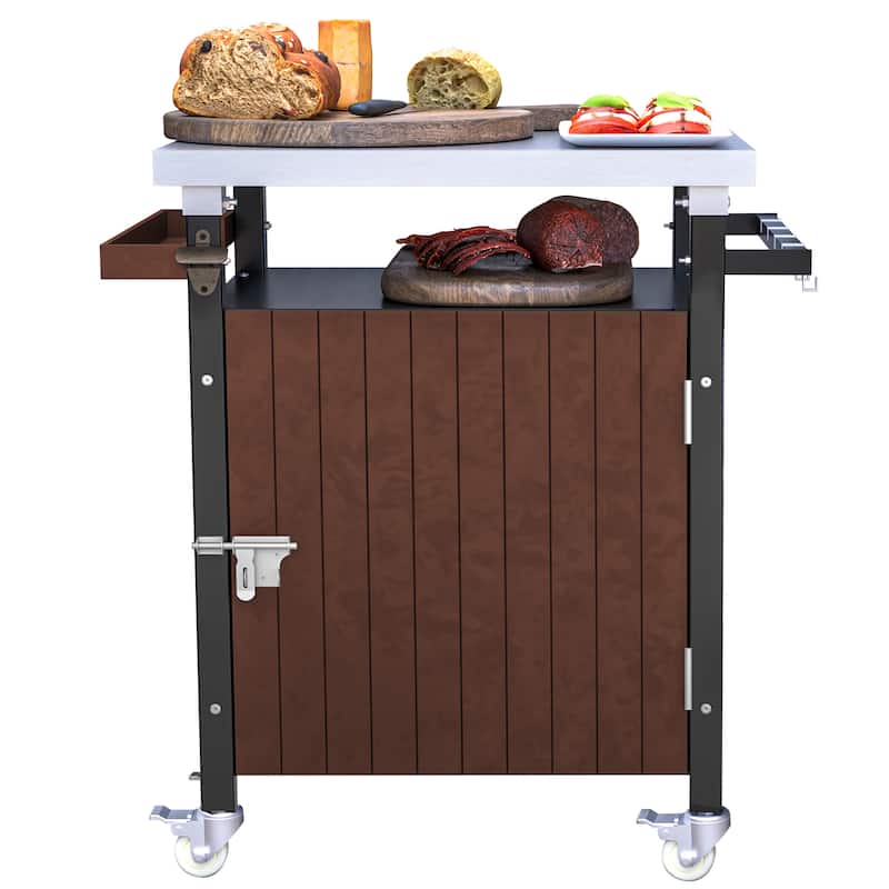 Outdoor Movable Grill Cart with Stainless Steel Tabletop, Storage, Patio Kitchen Island with Wheels, Hooks and Spice Rack