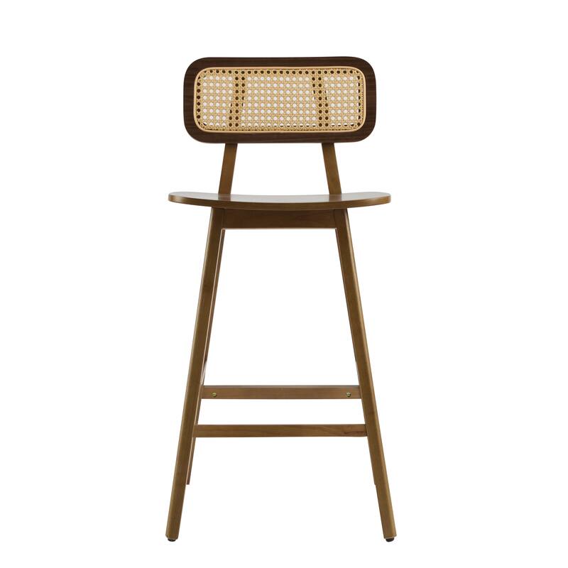Indoor Barstool Set of 2 with Solid Wood Frame and Rattan Braided Back
