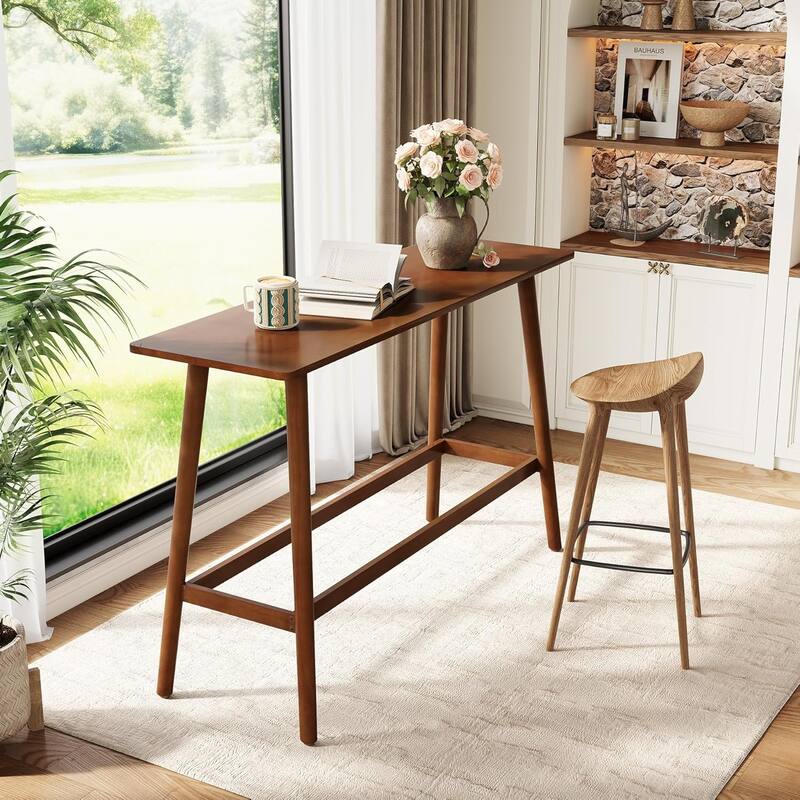 63-Inch Brown MDF Bar Table, Rectangular Pub Table with Solid Wood Legs