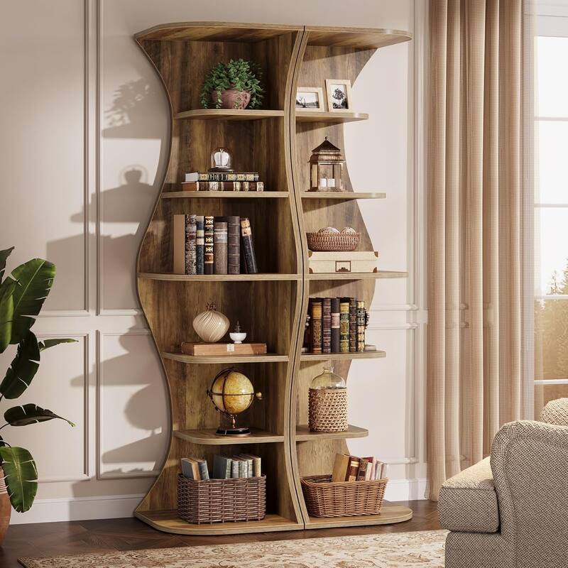 73-Inch Brown MDF Corner Bookcase, 6-Tier Corner Shelf for Living Room - Brown - 2 Pcs