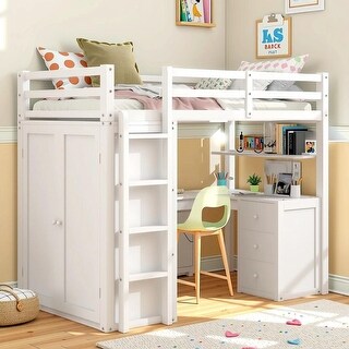 Artsy Twin size Loft Bed with Drawers, Desk and Wardrobe