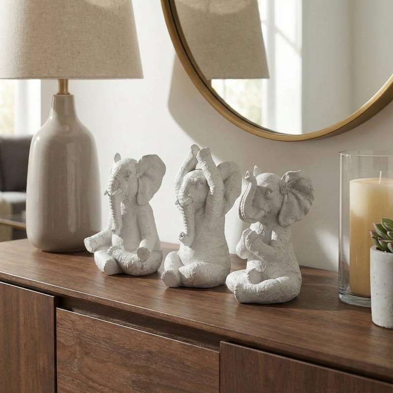 Decorative Resin Elephant Figurines with Yoga Poses - Set of 3, 8" - White - 8.0"