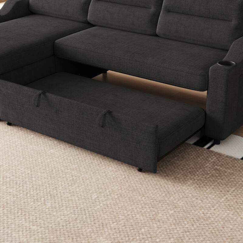 83.5" Convertible Sleeper Sofa - Polyester Sectional Sofa Bed with Pullout Bed and Cup Holder