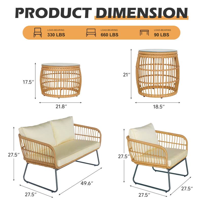 5 Pieces Patio Furniture Set, Outdoor Wicker Patio Conversation Set, Loveseat with Cushion and Pillow, 2 Tempered Glass Table