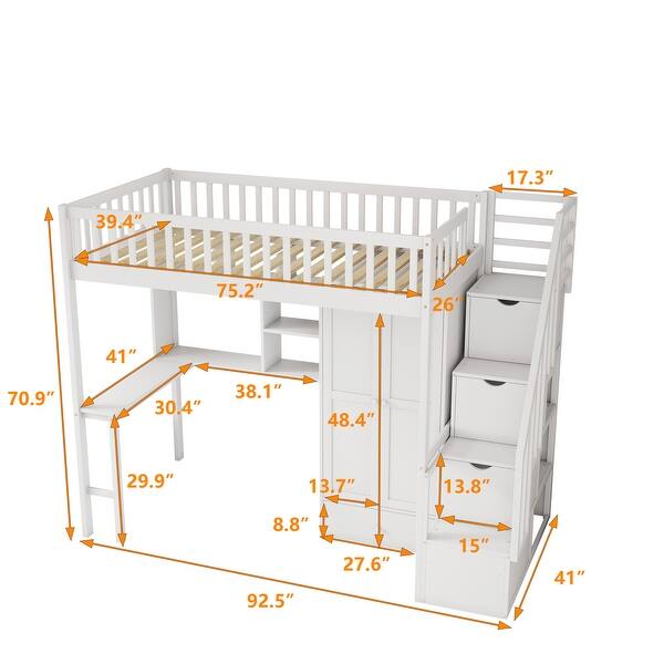 dimension image slide 2 of 6, Loft Bed with Bookshelf,Drawers,Desk,and Wardrobe