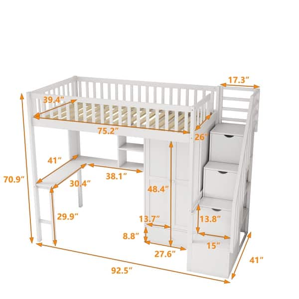 dimension image slide 2 of 3, Twin size Loft Bed with Bookshelf,Drawers,Desk,and Wardrobe