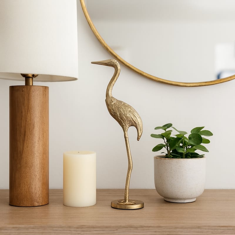 Modern Crane Metal Figurine Sculpture - 16", Gold & Metallic - 16.0"