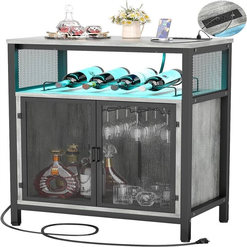 Wine Bar Cabinet with RGB Light and Outlet - 23.6"D x 13.6"W x 31"H