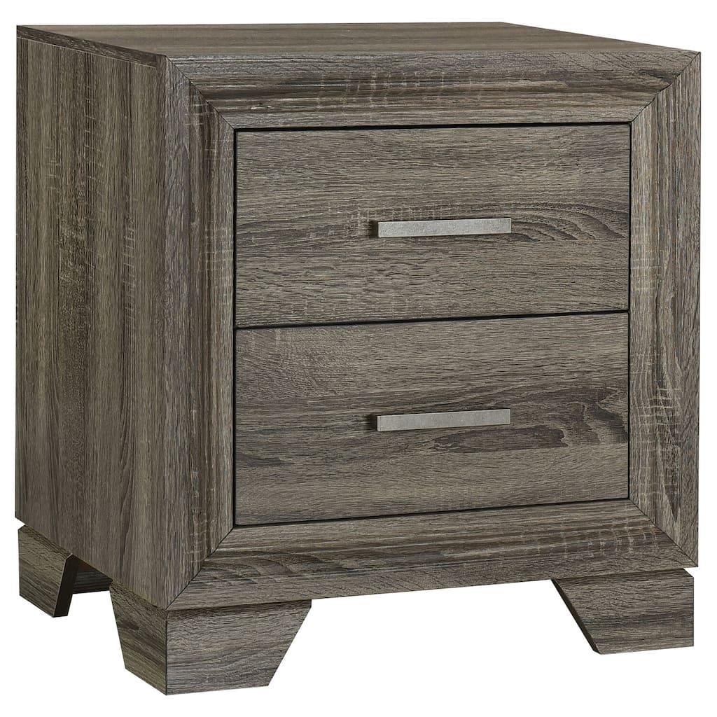 Brown Oak 2-Drawer Nightstand with Bar Handles, Mitered Trim, Tapered Block Legs and Scratch-Resistant Finish