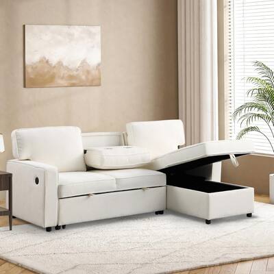 Chenille L-shaped Sectional Sofa with Pull Out Sleeper Bed, Reversible Storage Chaise, Folding Cup Holders and Charging Station