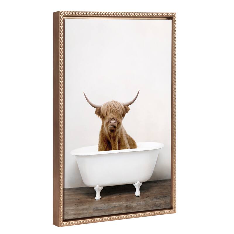 Sylvie Beaded Highland Cow Tub Color Framed Canvas by Amy Peterson - 18x24 - Gold