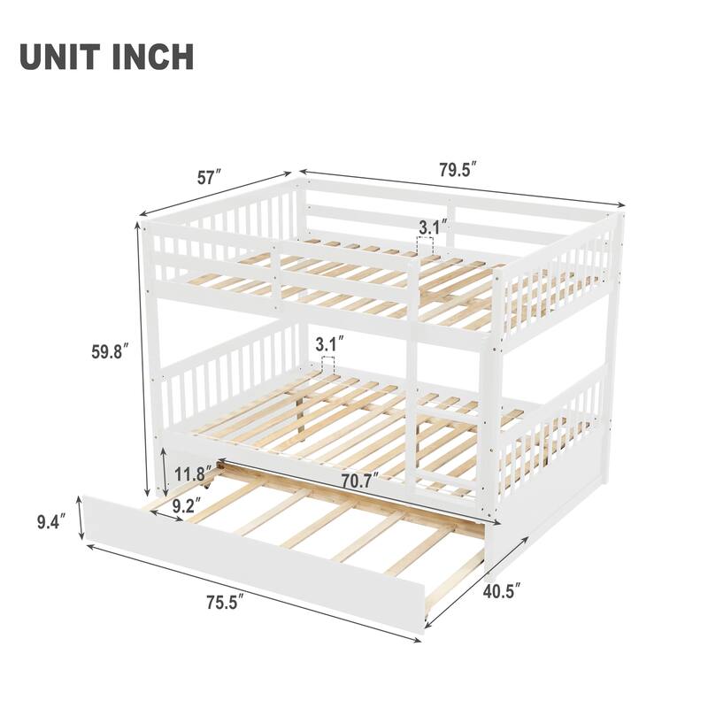 Full Over Full with Trundle, Convertible to 2 Full Platform Beds,Bunk Bed with Ladder and Safety Guardrails