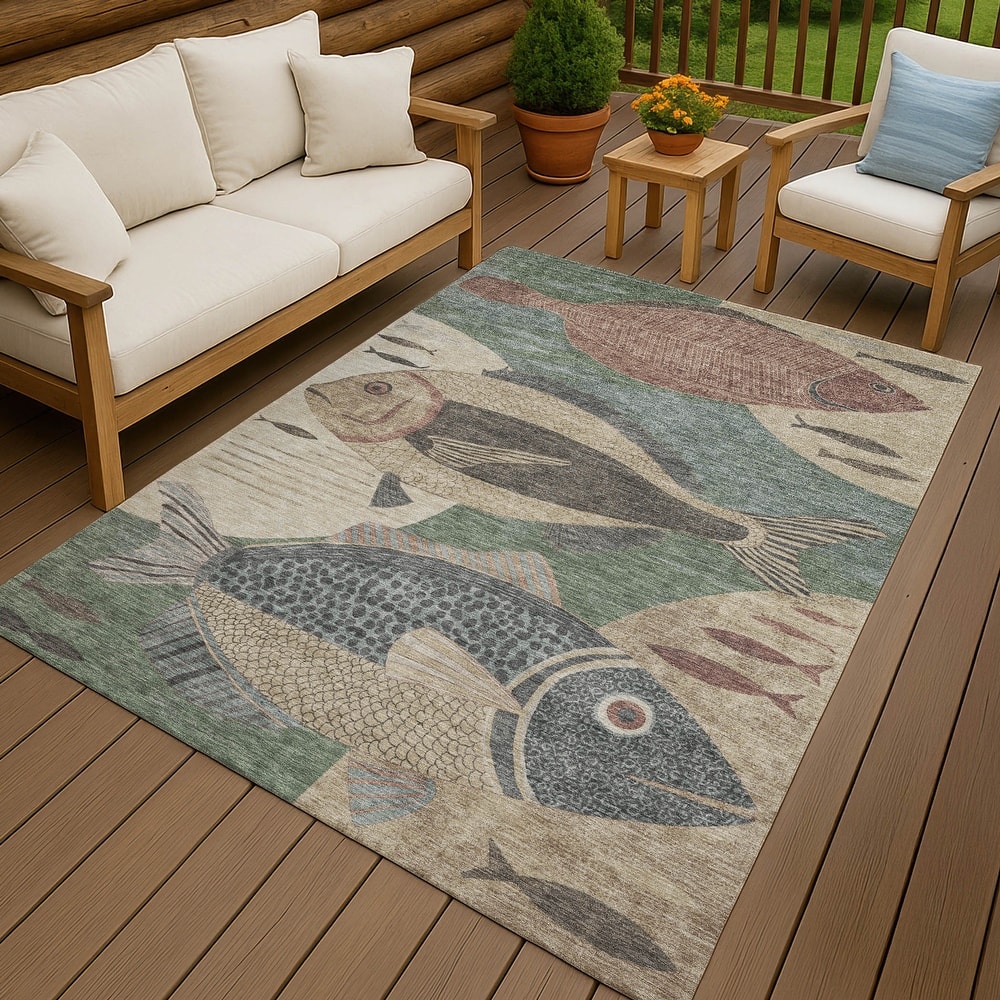 Machine Washable Indoor/ Outdoor Modern Fish Chantille Rug