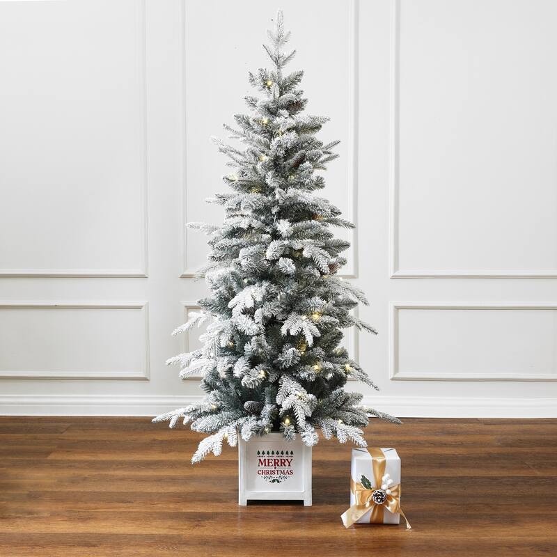 5Ft Pre-Lit Snow Flocked Full Pine Potted Artificial Christmas Tree - 60" H x 31.5" Diameter