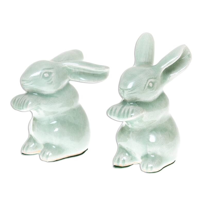 Novica Handmade Green Rabbits Celadon Ceramic Figurines (Pair)