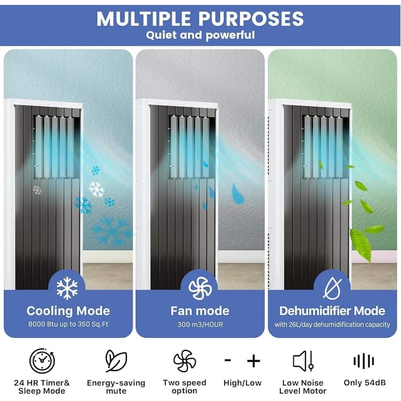 8000 BTU Portable Air Conditioner Cools Up to 350 Sq.Ft, 3-in-1
