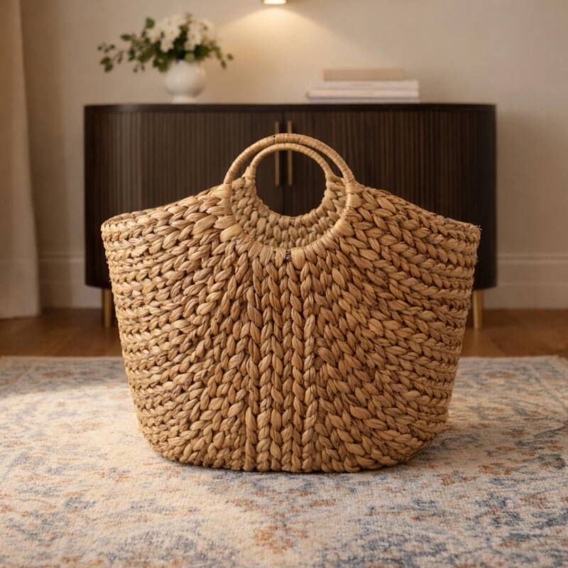 Extra Large Hand Woven Water Hyacinth Storage Basket Shelf Organizer Rectangular Wicker Baskets with Handles 19 x 16 x 14 inches
