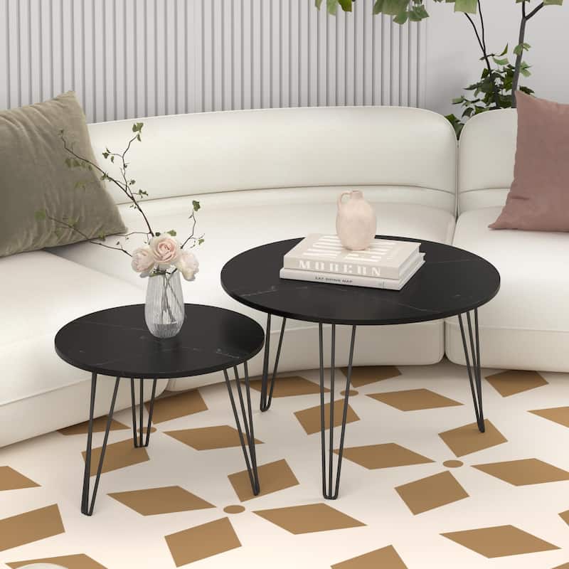 Anmytek Set of 2 Nesting Round Coffee Tables with Marble Effect Top & Hairpin Legs, Black Industrial Modern Side Tables
