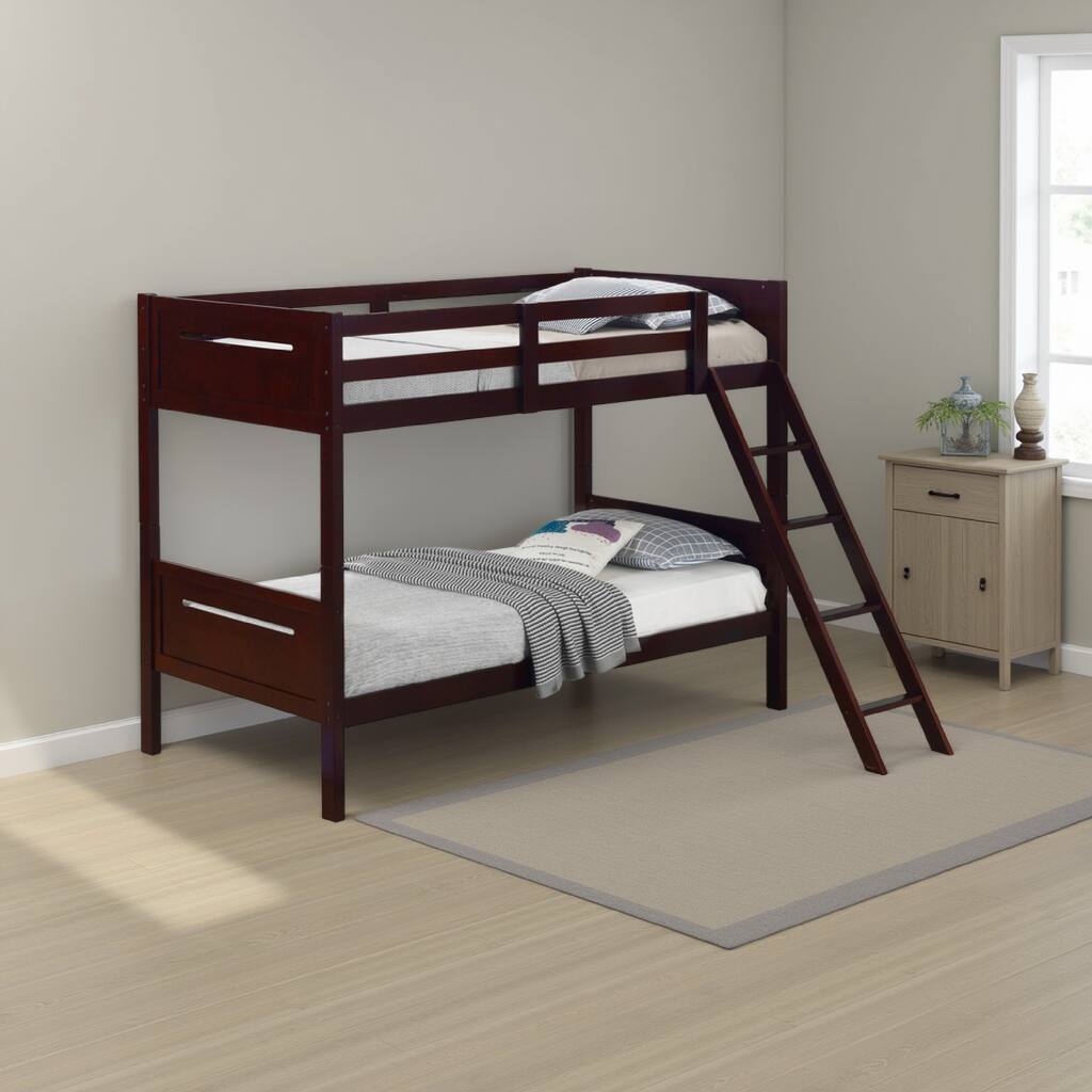 Amey Wood Twin Bunk Bed with Angled Ladder, Guardrail, Slat Kit, Brown
