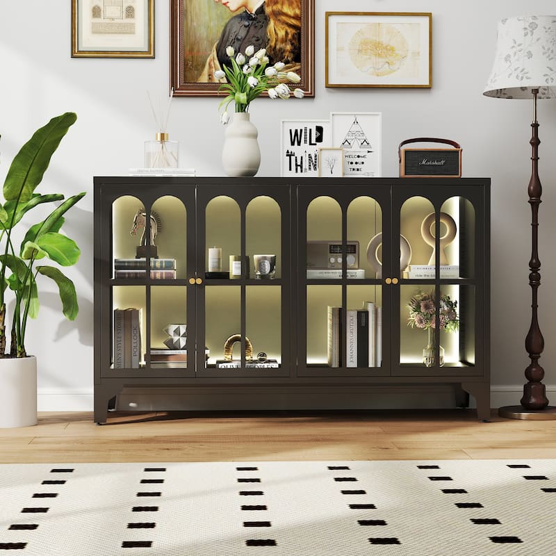 53.2"W Metal Sideboard Buffet Cabinet with Glass Doors - Type B - Black