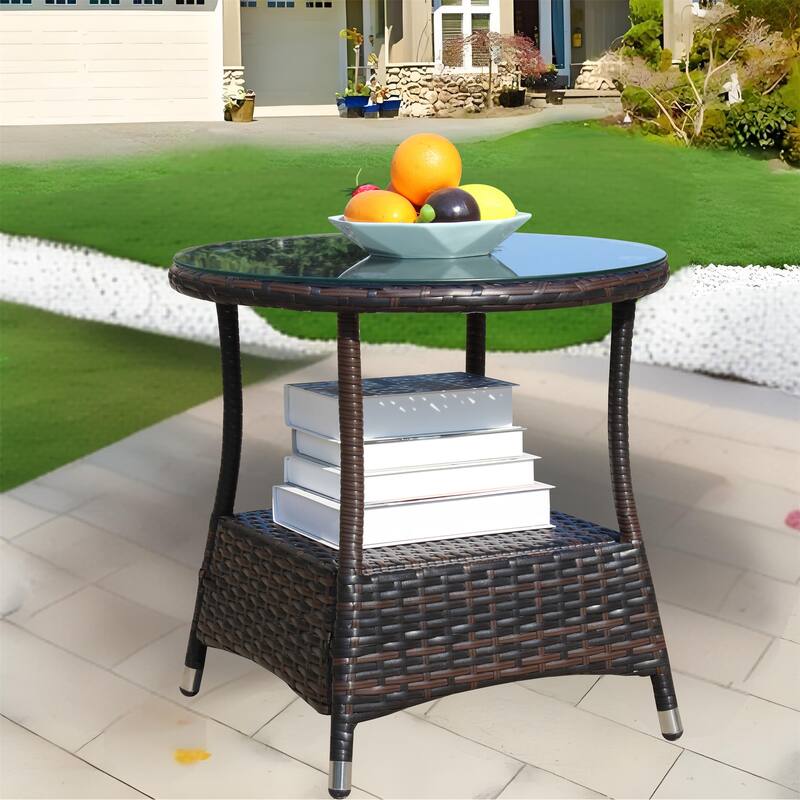 Outdoor Round Coffee Table with Clear Tempered Glass with Steel Frame