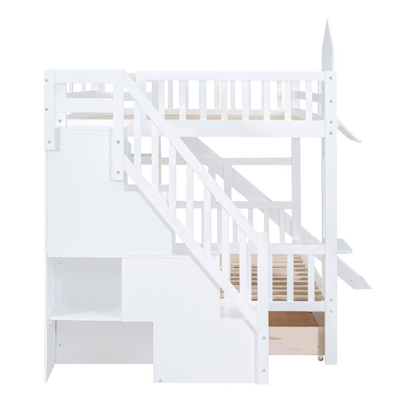 Full-Over-Full Castle Style Bunk Bed with Drawers, Shelves and Slide - White