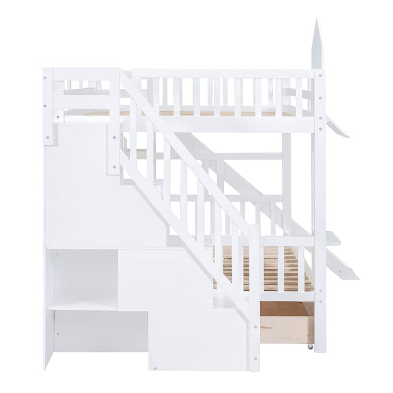 Solid Wood Castle Style Bunk Bed with Drawers and Slide