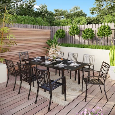 7/9 PCS Outdoor Patio Dining Set, 6/8 Steel Stackable Chairs, 1 Rectangular Expandable Table