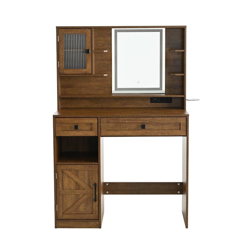 Vanity Desk with Touch Control Light Mirror, Dressing Table Set with Charging Station & Stool, Large Makeup Vanity Table