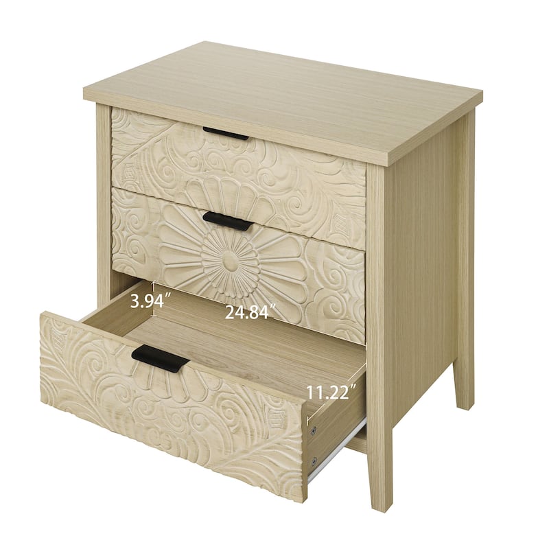 Roomfitters 3 Drawer Dresser Storage Cabinet, Carved Wood Chest of Drawers, Natural