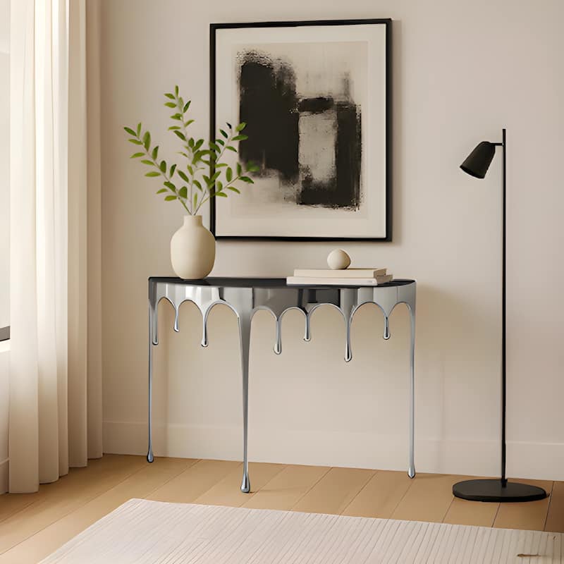 Capri Sofa Console Table, 36.25" Half Moon Glass Top, Melting Drip Design Aluminum Cast Silver - Silver, Black.