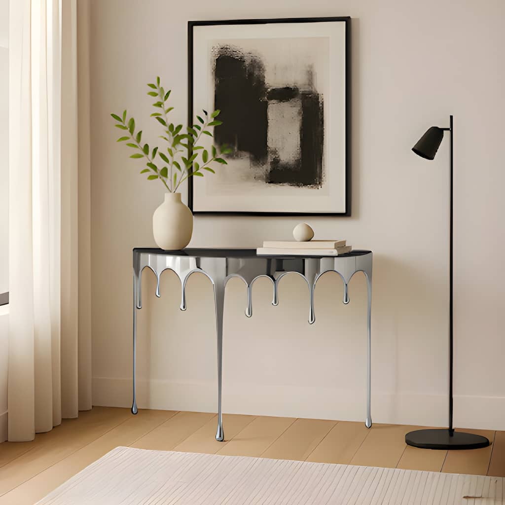 Capri Sofa Console Table, 36.25" Half Moon Glass Top, Melting Drip Design Aluminum Cast Silver