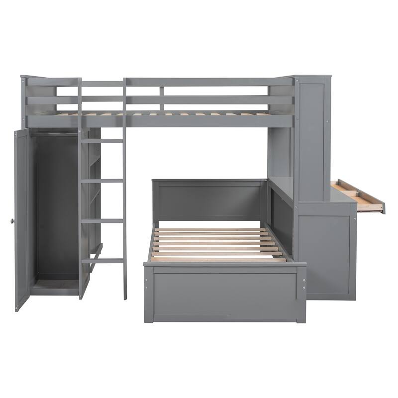 Full Size Loft Bed with Twin Bed, Shelves, Desk, and Wardrobe in Gray