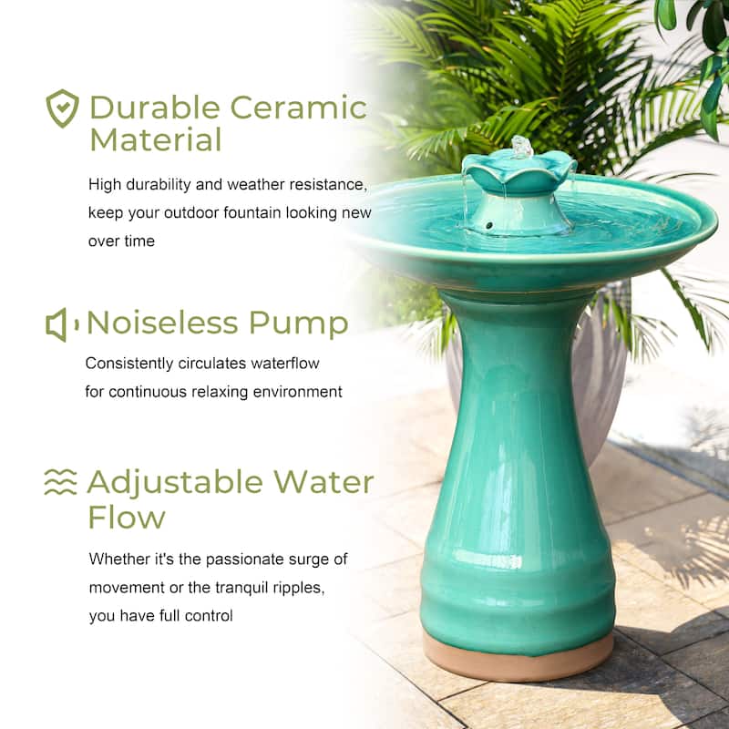 Aqua Glazed Ceramic 22-In Tall Birdbath Fountain