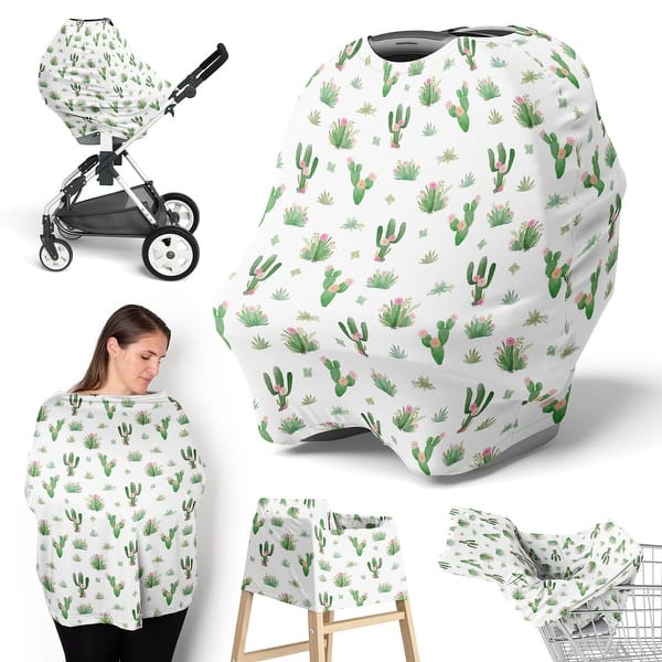 slide 2 of 3, Cactus Floral Collection Girl 5 in 1 Baby Car Seat and Nursing Cover Pink and Green Boho Bohemian Watercolor Shabby Chic Desert