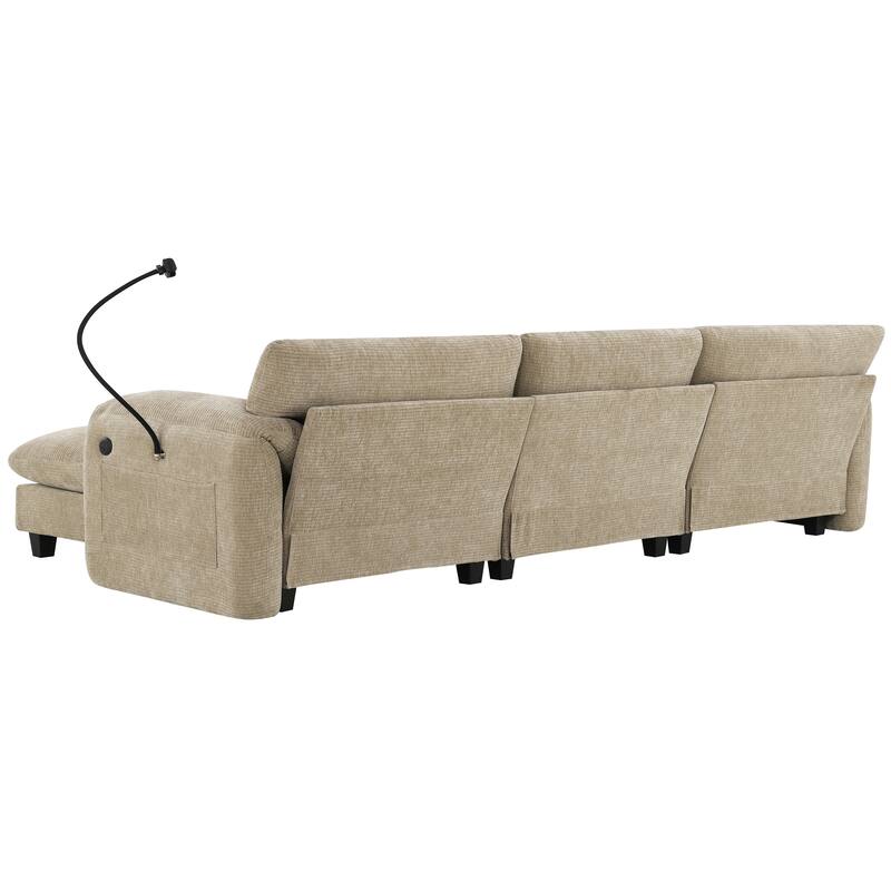 L-Shaped Modular Sectional Sofa with Ottoman, Chenille Upholstered Sofa with Charger Ports, Phone Holder & Storage Pockets