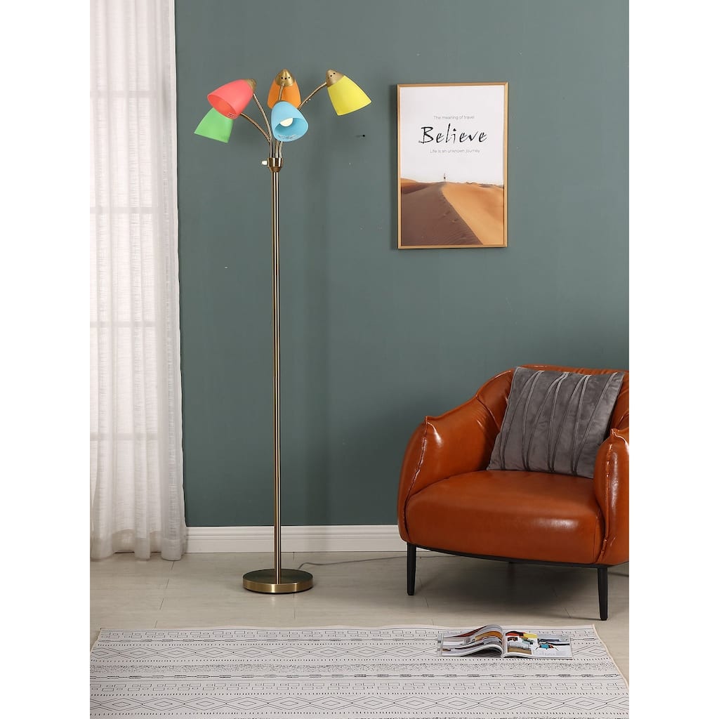 Brightech Medusa 74 in. Antique Brass Modern 5-Light Height Adjustable Gooseneck LED Floor Lamp with 5 Multicolored Cone Shades