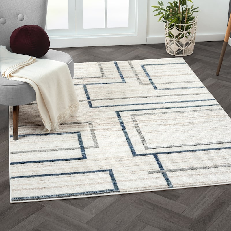 Sevita Contemporary Geometric Polyester Blend Area Rug, Blue/Gray