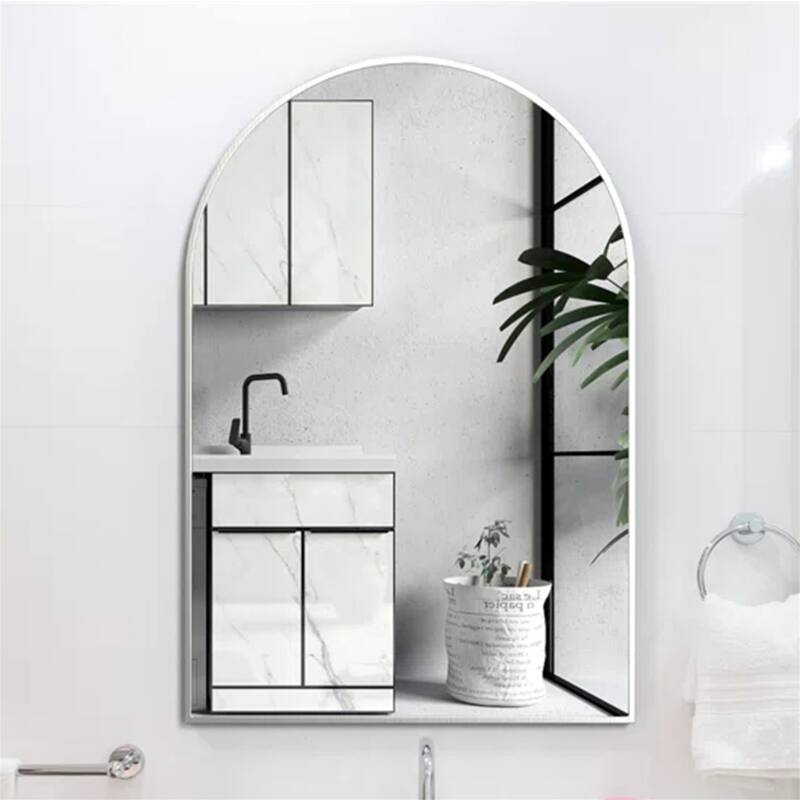 20"x30" Metal Framed Arched Mirror with Shatterproof Film and Hooks - Silver