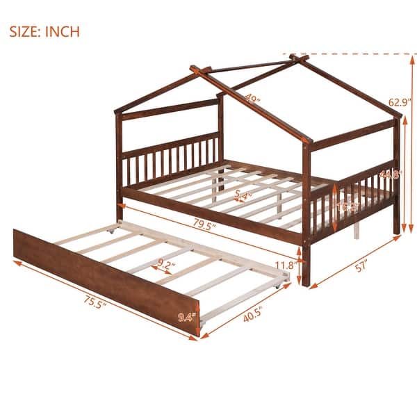 dimension image slide 1 of 4, Full Size Wooden House Bed with Twin Size Trundle Bed Frame for Kids, Teens, Girls, Boys No Box Spring Needed, Easy Assembly