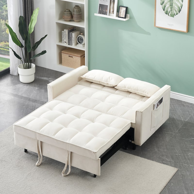 Modern velvet sofa, sofa pull-out bed, small love seat casual sofa with back, pockets, 3 in 1 convertible sleep sofa bed.