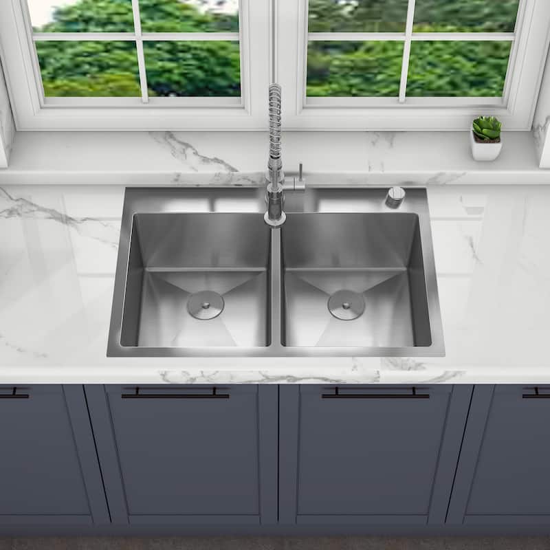 Sinber Drop in Double Bowl 304 Stainless Steel Kitchen Sink - 33" x 22" x 9"(Sink Only) - Silver