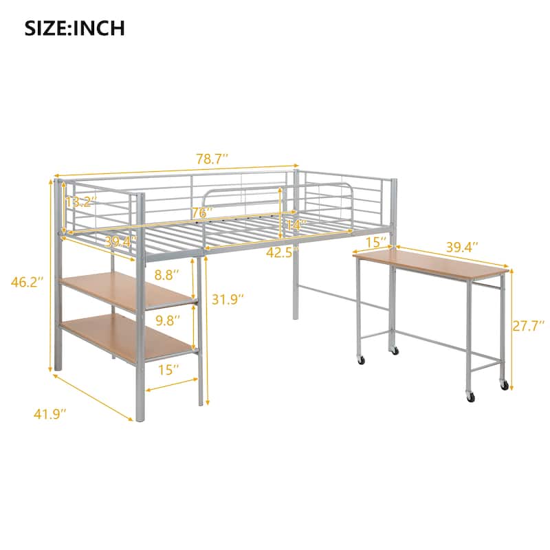 Twin Size Metal Loft Bed with Desk and Shelves