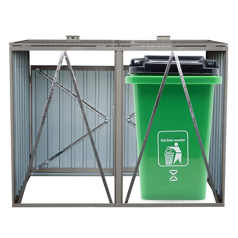 Garbage Bin Shed Stores 2 Trash Cans Metal Outdoor Bin Shed for Garbage Storage,Stainless Galvanized Steel
