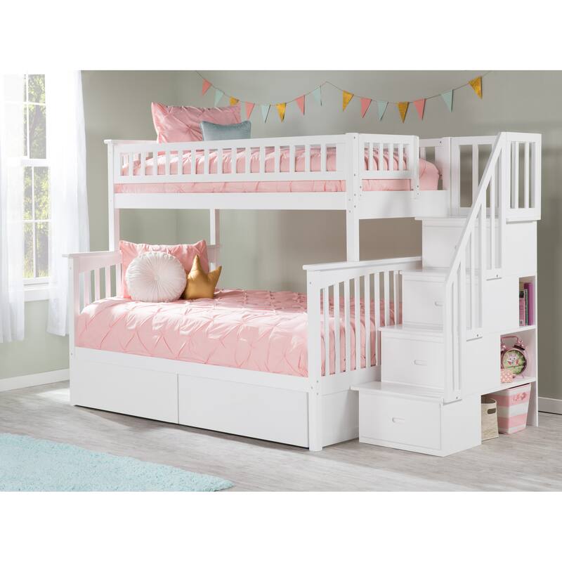 AFI Columbia Twin over Full Size Staircase Bunk Bed with Bed Drawers & Charging Station in White - White - Twin