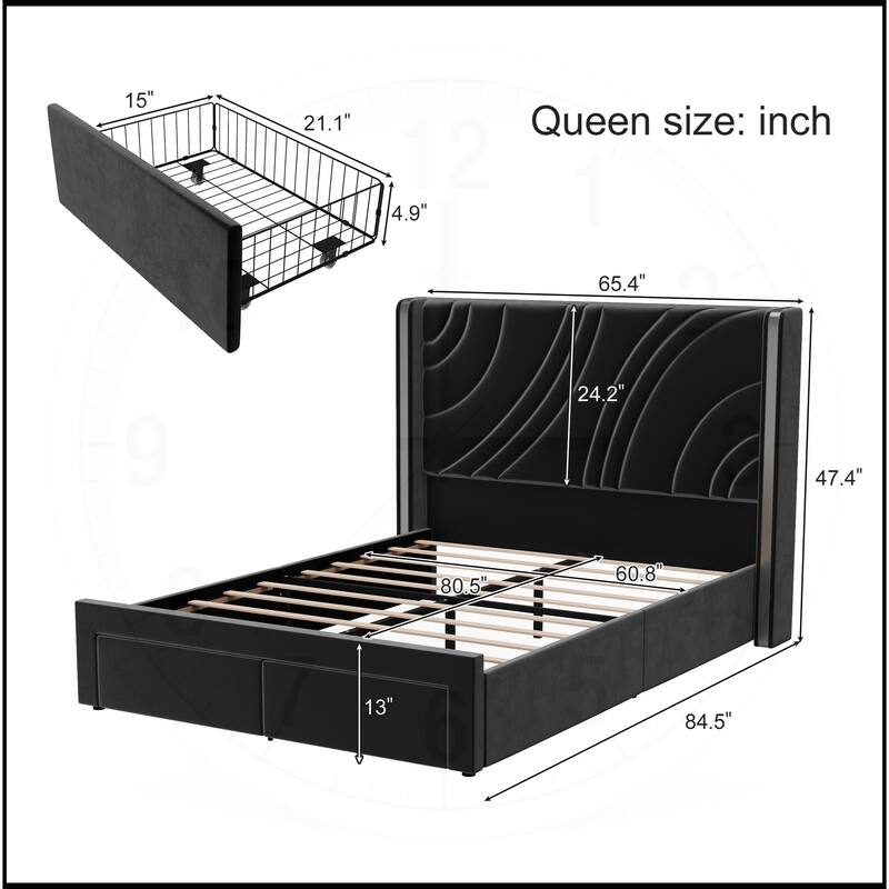 Velvet LED Bed Frame with Storage Drawers